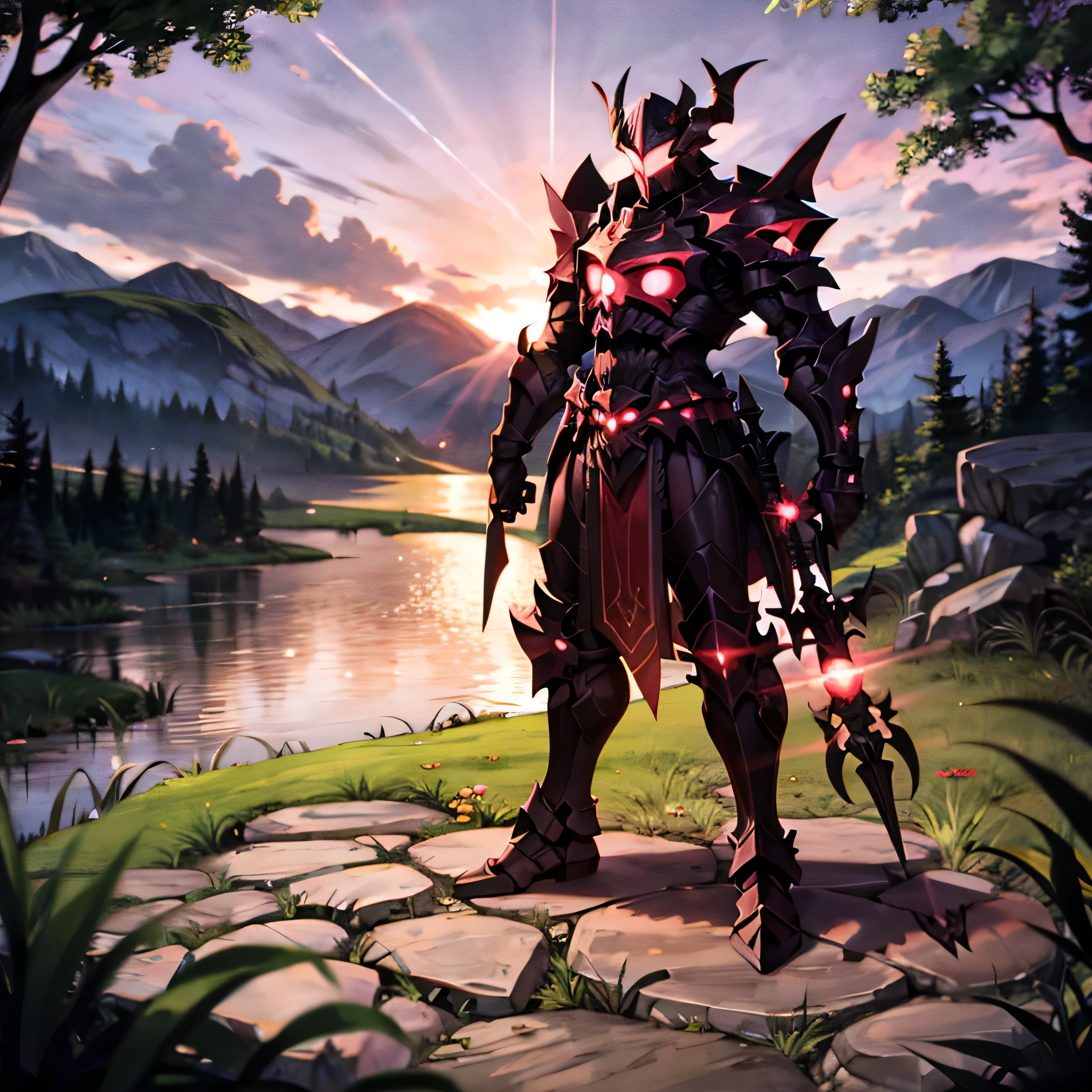 monster, black armor, helmet with horns, red glowing, blue sky, bracelet, bush, cloud, coral, day, fish, forest, grass, jewelry, lake, mountain, nature, outdoors, overgrown, palm tree, plant, river, rock, scenery, sky, solo, tree, vines, watch, water, waterfall,