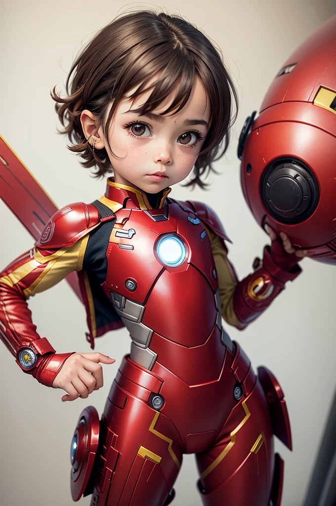 little man girl Iron Man Costume In flight building, standing, hand down, idle