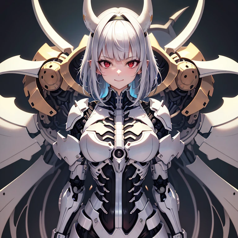 chest, High resolution, Gaze, smile, Shortcuts, bangs, Red eyes, Headpiece, 目の間のbangs, Headband, Horns of the beast, Multiview, Decorative art, masterpiece, accurate, Anatomically correct, 最high quality, High resolution, High detail, High-resolution model, high quality, Very detailed, Grey Hair, Silver Hair, 交差するbangs, chest, Hide your ears, Open your mouth a little, tooth, Smiling with teeth showing, Slanted Eyes, Multiview, Overlooking, Character portrait, Setting diagram, Status Table, bonus, Character Design画, Headband, Mole at the corner of the mouth, Feather Hair Accessories, Drop Shadow, 8k octane, anime, anime風, Character Design, Brown skin、Bone wings on the back、Muscle Exposure、Shoulder Bare、Mechanical limbs、