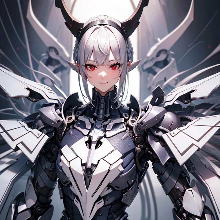 chest, High resolution, Gaze, smile, Shortcuts, bangs, Red eyes, Headpiece, 目の間のbangs, Headband, Horns of the beast, Multiview, Decorative art, masterpiece, accurate, Anatomically correct, 最high quality, High resolution, High detail, High-resolution model, high quality, Very detailed, Grey Hair, Silver Hair, 交差するbangs, chest, Hide your ears, Open your mouth a little, tooth, Smiling with teeth showing, Slanted Eyes, Multiview, Overlooking, Character portrait, Setting diagram, Status Table, bonus, Character Design画, Headband, Mole at the corner of the mouth, Feather Hair Accessories, Drop Shadow, 8k octane, anime, anime風, Character Design, Brown skin、Bone wings on the back、Muscle Exposure、Shoulder Bare、Mechanical limbs、