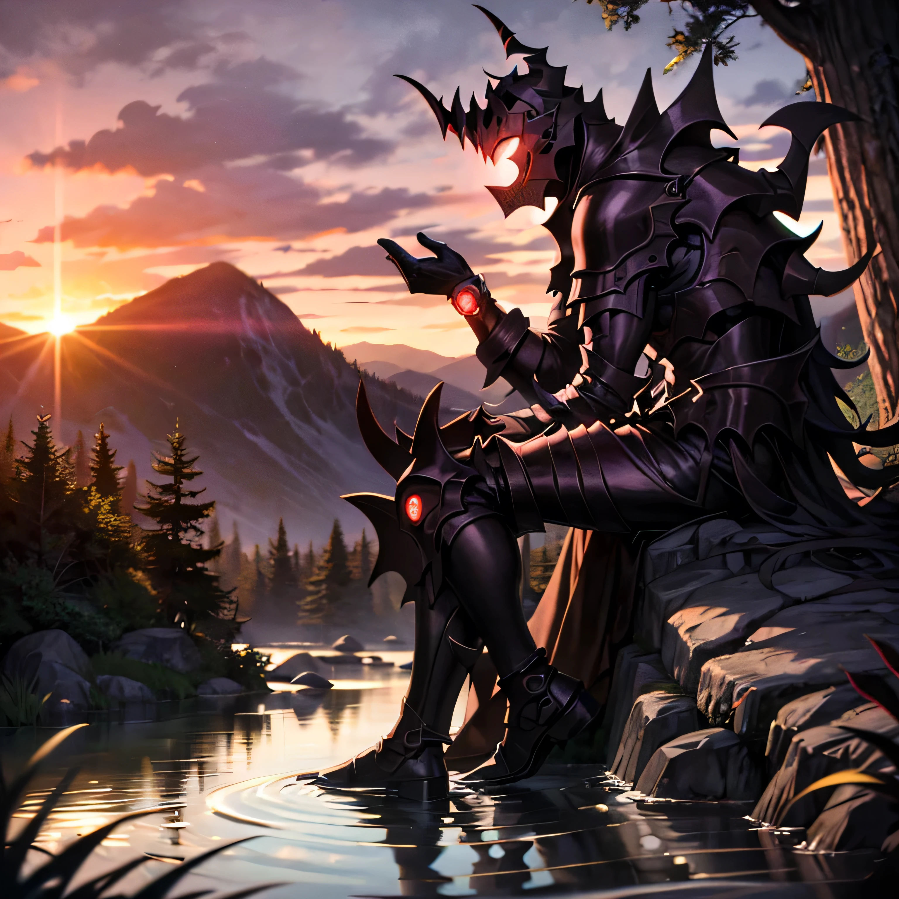 monster, black armor, helmet with horns, red glowing, blue sky, bracelet, bush, coral, day, fish, forest, grass, jewelry, lake, mountain, nature, outdoors, overgrown, palm tree, plant, river, rock, scenery, sky, solo, tree, vines, watch, water, waterfall,