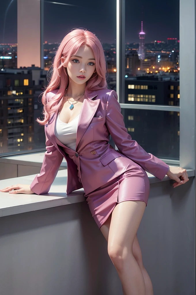 A beautiful young woman with vibrant pink hair and striking blue eyes, 1girl, highly detailed face, beautiful detailed eyes, beautiful detailed lips, extremely detailed eyes and face, long eyelashes, cute style, Disney Pixar character, Anna, pink hair, blue eyes, wearing a tailored blazer, pencil skirt, and high heels, with a statement necklace, whimsical, colorful, soft lighting, cinematic, photorealistic, 8K, highest quality, in a sleek, modern office space, Large windows with a cityscape view add to the professional atmosphere.