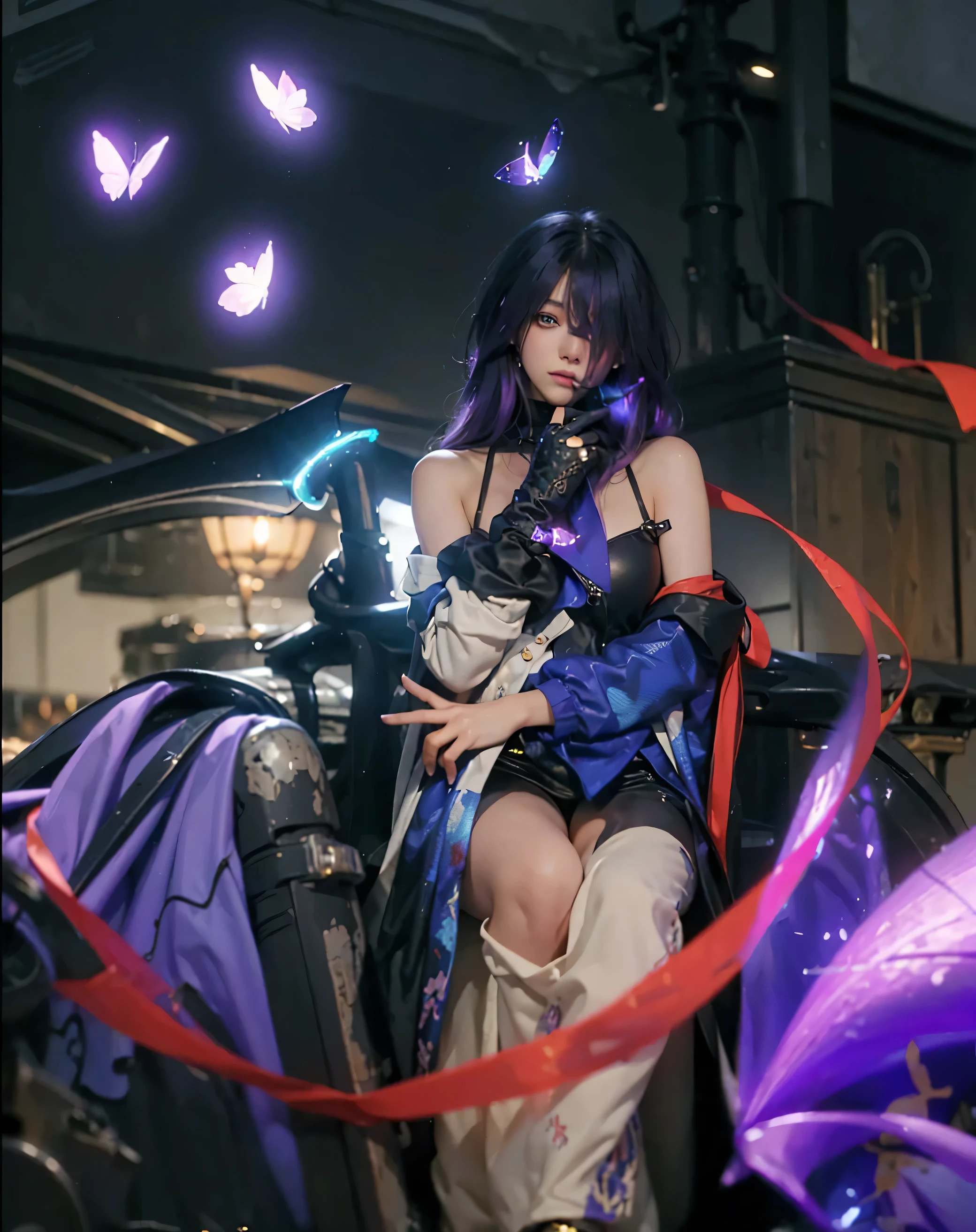 ((SEELE_HONKAI STAR RAIL)),((realistic, photorealistic)),(highlight hair)), Light reflection, (( HD )),((upper body)), (((best quality, masterpiece))), (masterpiece) (best quality) (detail) (8k) (HDR) (wallpaper) (cinematic lighting) (sharp focuasterpiece, best quality: 1.1), Real life adaption of this character, Shining green eyes, realistic outfit, realistic shadow, realistic light, realism, hyper realistic, realistic background,Realistic hair, realistic hair at the back,(photorealistic:1.2),(masterpiece:1.2, best quality), (ultra-detailed), (illustration), (ultra highres), (delicate illustration), (hyper-detailed), (super detail:1.3), professional lighting, cinematic lighting, (nostalgia and peacefulness:1.3), professional (landscape painting) of nature, best quality,masterpiece,high quality,real,realistic,super detailed,full detail,8K,masterpiece, best quality, SeeleV4, 1girl, solo, ((black sweater, black pants, ankle boots, long coat, black coat)), hands in pockets, smile, sitting, outdoors, city street,(Dumb Vector image:1.3) of (Detailed illustration:1.3),(Guilty:1.3) A photo of a girl, seele hsr, 1girl, long hair, bangs, solo, hair between eyes, looking at viewer, purple hair,(Flat style:1.3),Illustration,Behance,(Muted Colors:1.3), shiny, shiny hair, shiny skin, shiny clothes,Night background, underworld background,Flying red shawl, purple butterfly, glow effect, butterfly foreground,