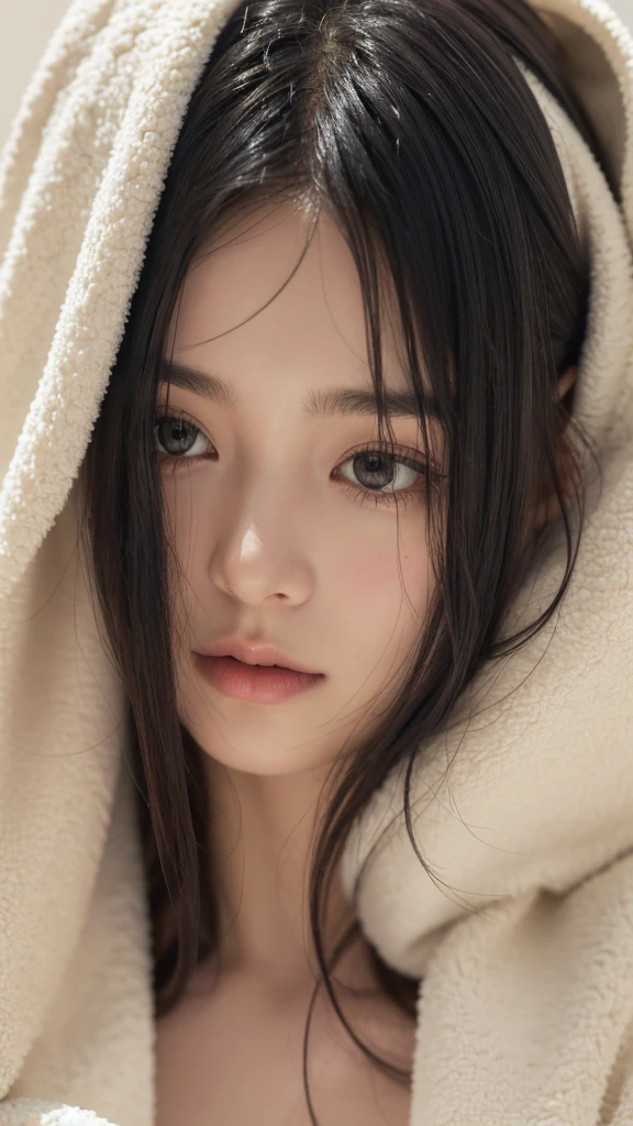 A close-up portrait of a young woman with wet hair partially covered by a beige towel, draped over her head. The woman has a serene and calm expression, with her eyes looking slightly to the side. Her hair is dark, wet, and tousled, adding a natural, fresh-out-of-the-shower look. The background is neutral, emphasizing the subject's face and the texture of the towel and hair. The overall mood is relaxed and intimate, capturing a moment of quiet reflection.