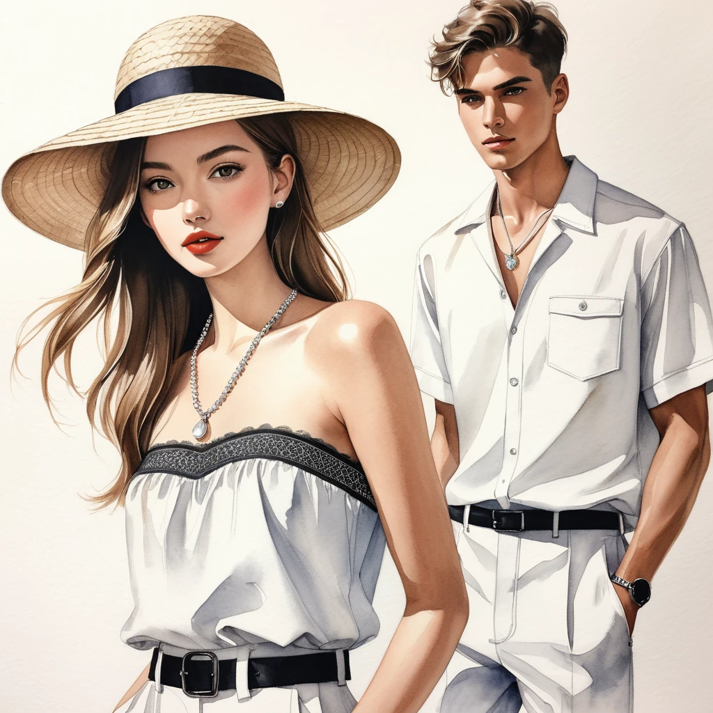 candid fashion illustration of young man and woman, both aged 23 year old, tall and slender, super model, ((showcase fashion in a White cotton outfits)), clothes inspired by Christian Dior's resort collection 2024 in elegant bohemian style with ethnic woven details. The man wears an oversized short-sleeved shirt with lace details, paired with relaxed-fit Pants, semi bugle, He completes his look with sneakers, round sunglasses, hat, The woman complements him in a white strapless cotton dress with lace embroidery details in white on the top edge and features side entry pockets, Her ensemble includes an accessorizes with a wide-brimmed straw hat, white sneakers and big necklace. Captured in a ((full-body pose)), ((simple water-color on white paper background)), realistic pencil lines, imperfect drawing, charcoal lines detail, fading sketch, fashion Sketching, Dutch angle,