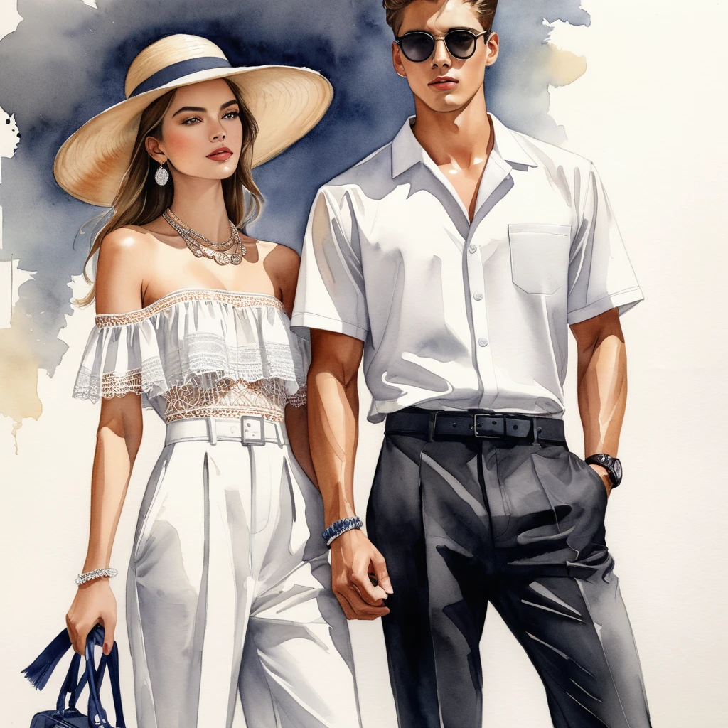 candid fashion illustration of young man and woman, both aged 23 year old, tall and slender, super model, ((showcase fashion in a White cotton outfits)), clothes inspired by Christian Dior's resort collection 2024 in elegant bohemian style with ethnic woven details. The man wears an oversized short-sleeved shirt with lace details, paired with relaxed-fit Pants, semi bugle, He completes his look with sneakers, round sunglasses, hat, The woman complements him in a white strapless cotton dress with lace embroidery details in white on the top edge and features side entry pockets, Her ensemble includes an accessorizes with a wide-brimmed straw hat, white sneakers and big necklace. Captured in a ((full-body pose)), ((simple water-color on white paper background)), realistic pencil lines, imperfect drawing, charcoal lines detail, fading sketch, fashion Sketching, Dutch angle,