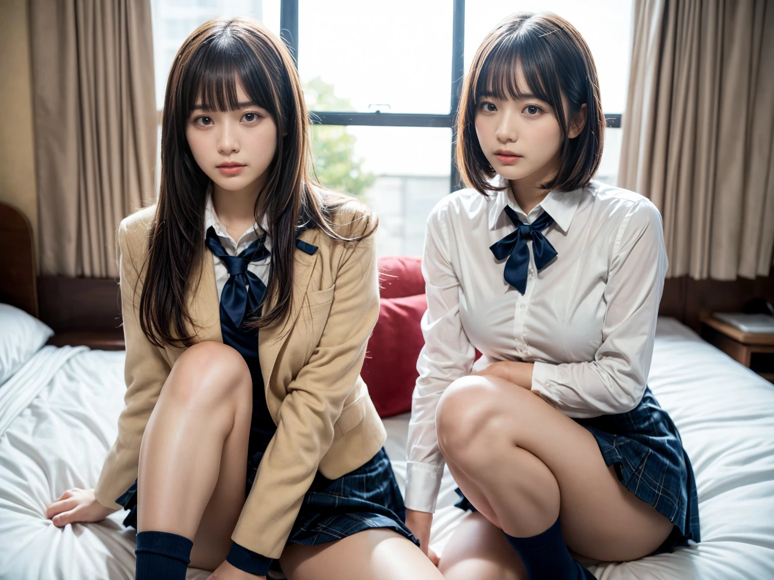 masterpiece, best quality, illustration, Super detailed, fine details, High resolution, 8K,wall paper, perfect dynamic composition,(Details High quality, realistic depiction of eyes:1.3), (2 girls), High school girl uniform、blazer 、Super Short Check Uniform Skirt、Navy blue high socks、garterbelts、Colossal tits, sitting, open legs, short bob hair, in a hotel room in the background, deep on field, large breasts, black hair color, Big Natural Color Lip, (perfect body shape), crying a little、Harajuku style、20 year old girl、cute type、beautiful legs, Gravure Idol