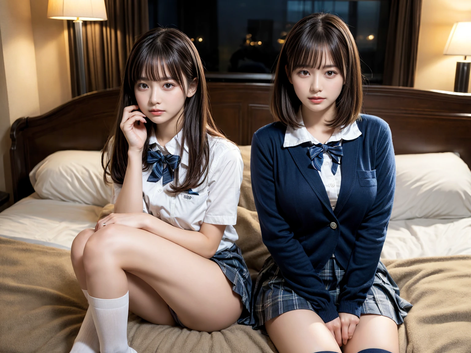 masterpiece, best quality, illustration, Super detailed, fine details, High resolution, 8K,wall paper, perfect dynamic composition,(Details High quality, realistic depiction of eyes:1.3), (2 girls), High school girl uniform、blazer 、Super Short Check Uniform Skirt、Navy blue high socks、garterbelts、Colossal tits, sitting, open legs, short bob hair, in a hotel room in the background, deep on field, large breasts, black hair color, Big Natural Color Lip, (perfect body shape), crying a little、Harajuku style、20 year old girl、cute type、beautiful legs, Gravure Idol