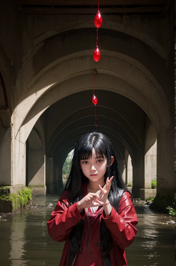 A age girl with black hair, under a wet bridge making small stones float with a red spell coming out of your fingers