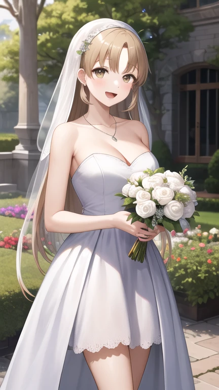 masterpiece, best quality, highres, aasister, long hair, wedding dress, white dress, necklace, strapless, cleavage, garden, standing, cowboy shot, holding bouquet, smile, open mouth, confetti,