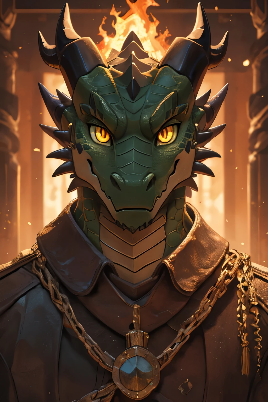 (4k,8k,best quality, masterpiece:1.2), dragon face, dragon eyes, ((cowboy shot)), realistic colors, studio lightning, ((bald, green scales, yellow eyes, dragon eyes, glowing eyes, dragon ears, dragon scales in his skin, dragon horn, small kobold, three feet size)), kobold male, small mouth, looking at viewer, confident pose, envy, highres, fire mage, night desert, emerald jewel detail, monsters in scenario, leather clothes