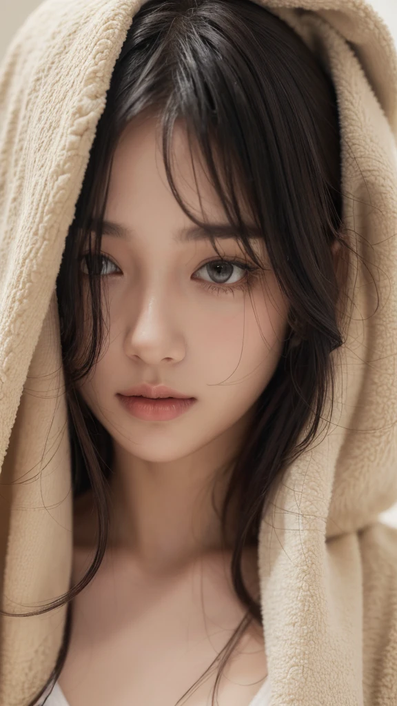 A close-up portrait of a young woman with wet hair partially covered by a beige towel, draped over her head. The woman has a serene and calm expression, with her eyes looking slightly to the side. Her hair is dark, wet, and tousled, adding a natural, fresh-out-of-the-shower look. The background is neutral, emphasizing the subject's face and the texture of the towel and hair. The overall mood is relaxed and intimate, capturing a moment of quiet reflection.