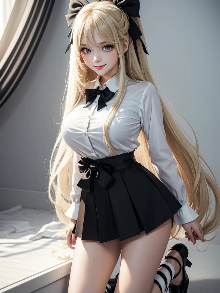 works, best quality, girl, long hair alternative, absurdly long hair, blonde hair, bow hair, aqua eyes, seductive smile, tongue, black eyes, longeyelashes, big breasts, mole on the chest, white shirt, short black skirt, shoes, pendant, hair ribbon, flower ribbon, hair_ribbon, hair_ribbon, hair_flower