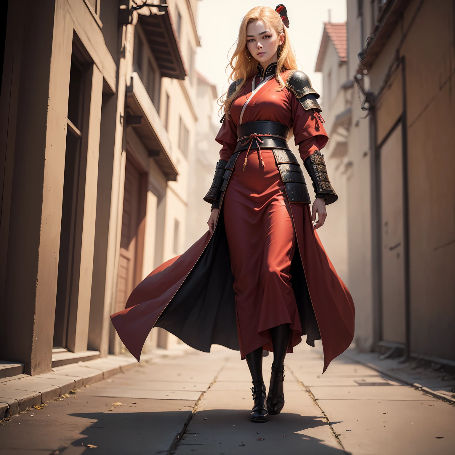 ((Full-length photo, standing, on the ground))goldhair, red dress, samurai, blur background, future realistic, half body, textured skin, super detail, high details, best quality, highres, 8k