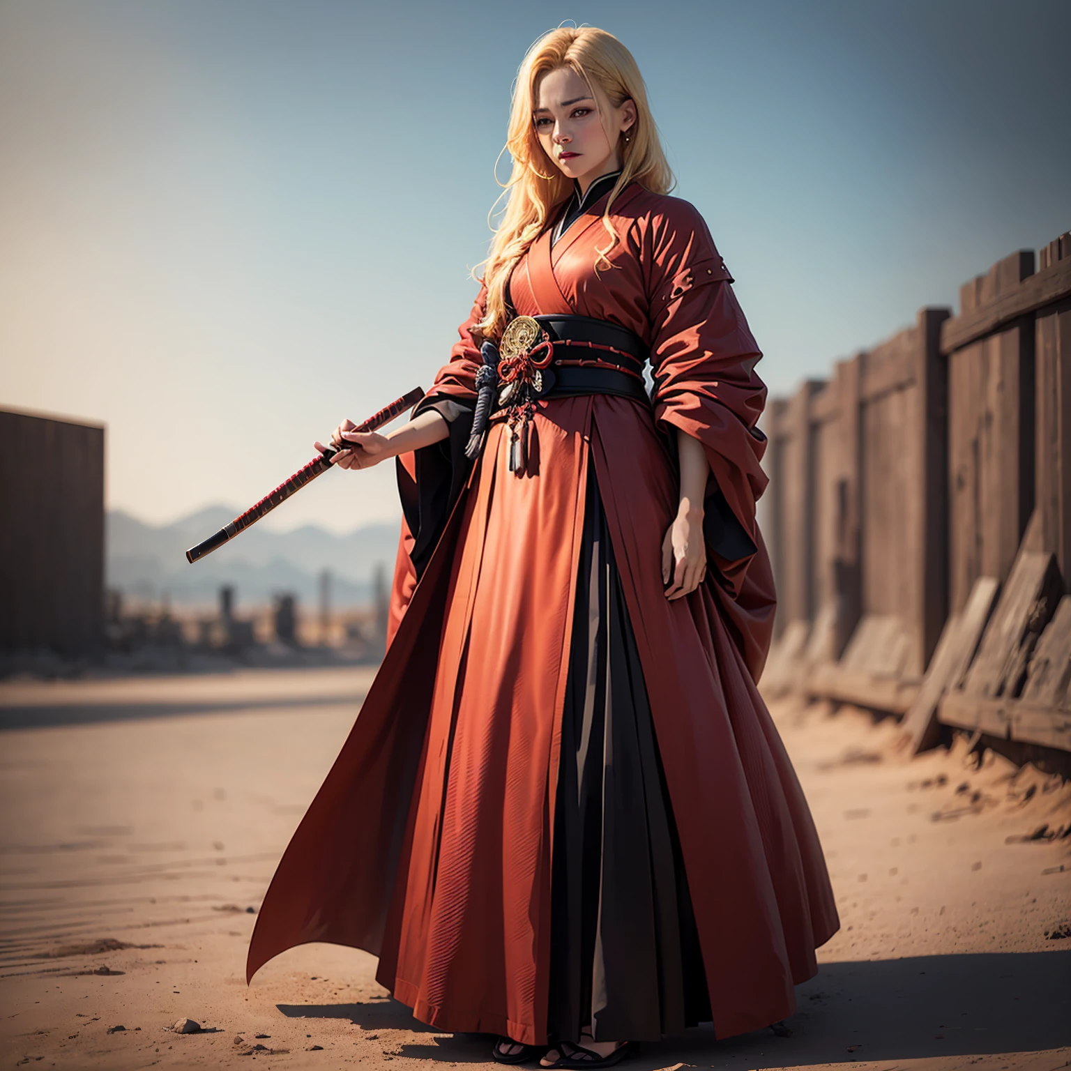 ((Full-length photo, standing, on the ground))goldhair, red dress, samurai, blur background, future realistic, half body, textured skin, super detail, high details, best quality, highres, 8k 