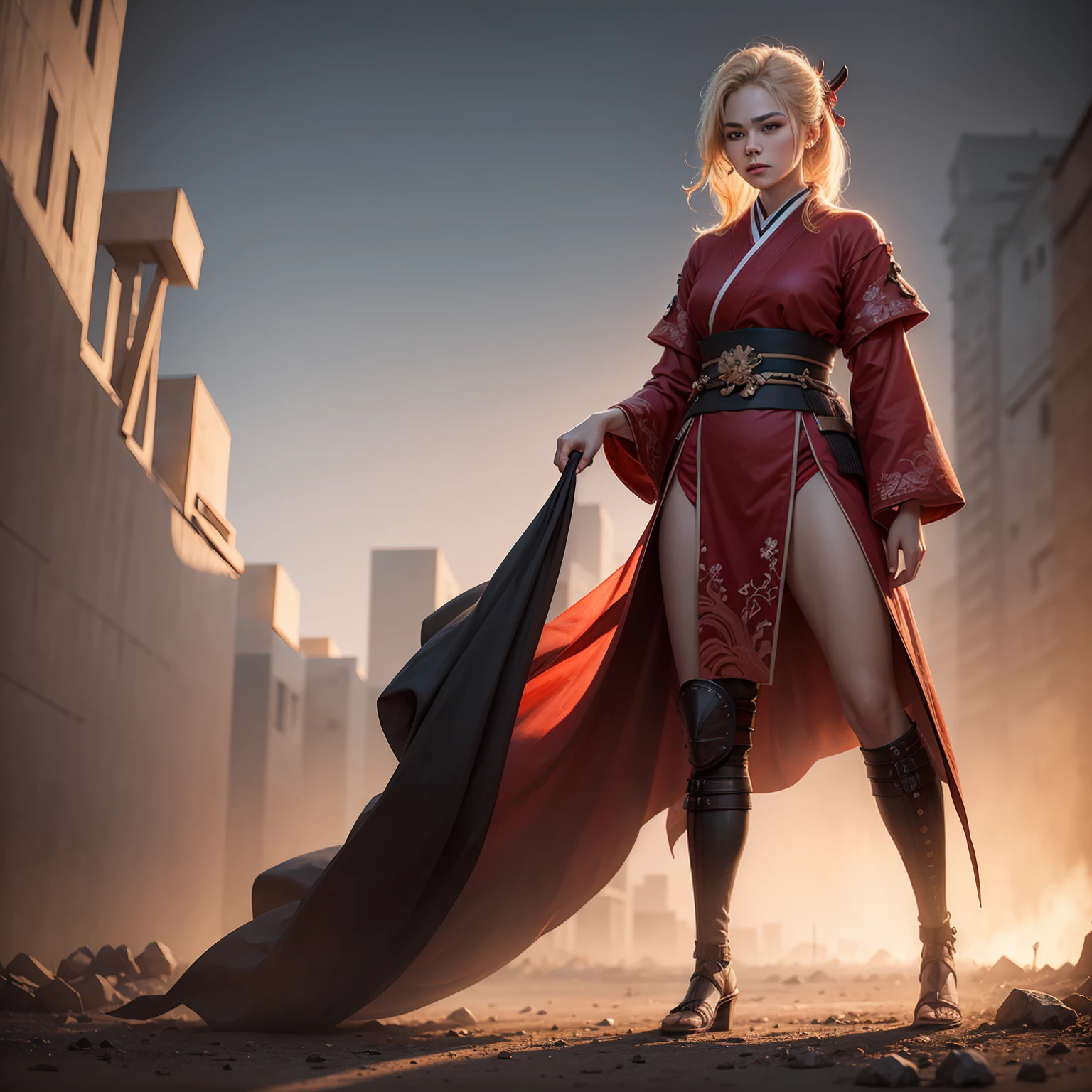 ((Full-length photo, standing, on the ground))goldhair, red dress, samurai, blur background, future realistic, half body, textured skin, super detail, high details, best quality, highres, 8k