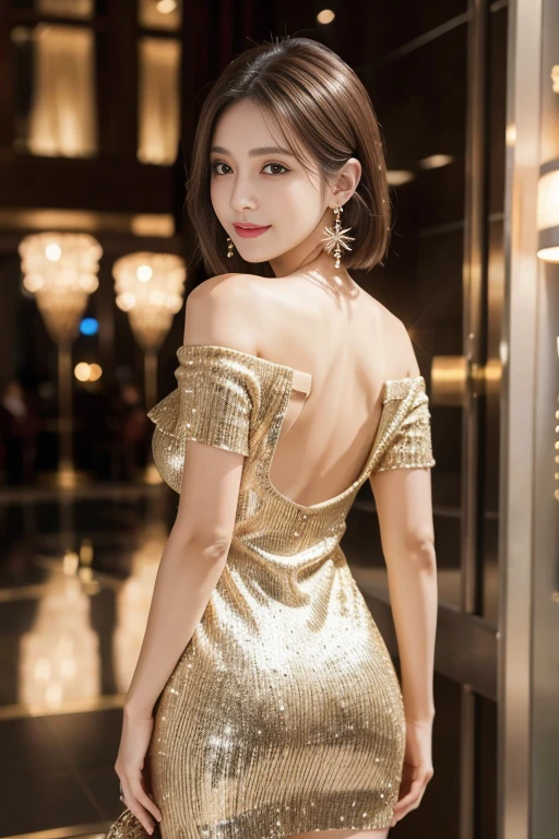 masterpiece, Highest quality, Realistic, Very detailed, Finer details, High resolution, 8k wallpaper, One beautiful woman, Wear an elegant off-shoulder knit dress with glitter, Wearing heels, A wonderful hotel entrance, At night, Light brown, unkempt short hair, Perfect dynamic composition, Beautiful and beautiful eyes、Big earrings、Looking back and laughing、Are standing、Big Breasts、whole body