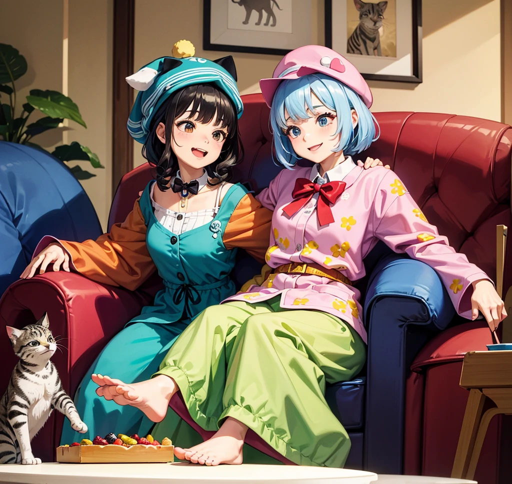 "A heartwarming, comical scene featuring several elderly people relaxing together in a cozy living room. The elderly individuals are dressed in colorful pajamas and distinctive hats, with cheerful smiles on their faces. The room is furnished with large, comfortable sofas and armchairs, where cute animals are lounging alongside them. For instance, a dog is perched on one elderly person's lap, while a cat is playfully sitting on another's shoulder. The animals are adorned with whimsical accessories, such as tiny bow ties or hats. The background is decorated with fun artwork and quirky items, creating a bright and joyful atmosphere."