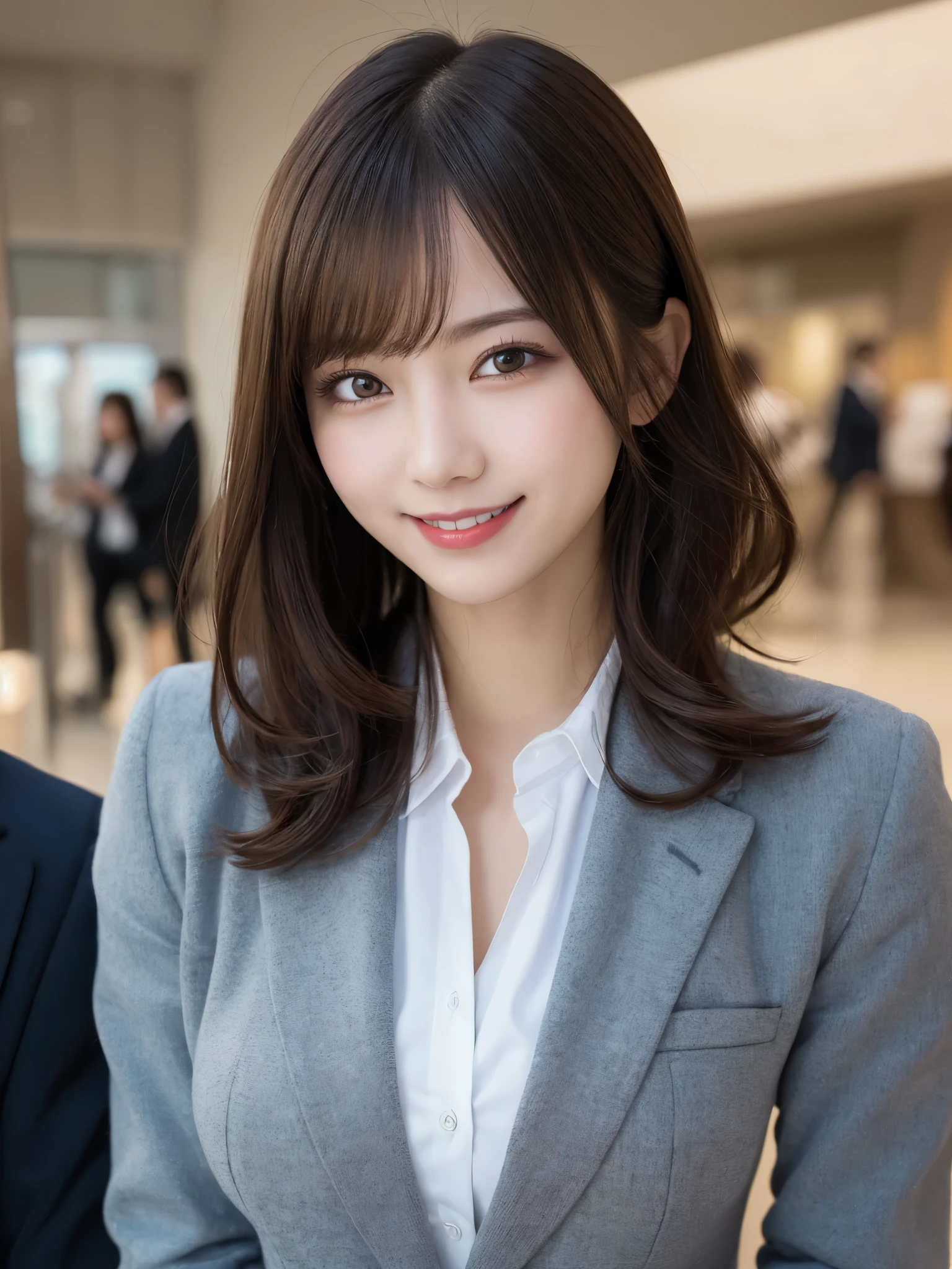 masterpiece, best quality, illustration, ultra-detailed, finely detailed, high resolution, 8K wallpaper, perfect dynamic composition, beautiful detailed eyes, commuting, business attire, medium hair, small breasts, confident pose, smile, looking at camera