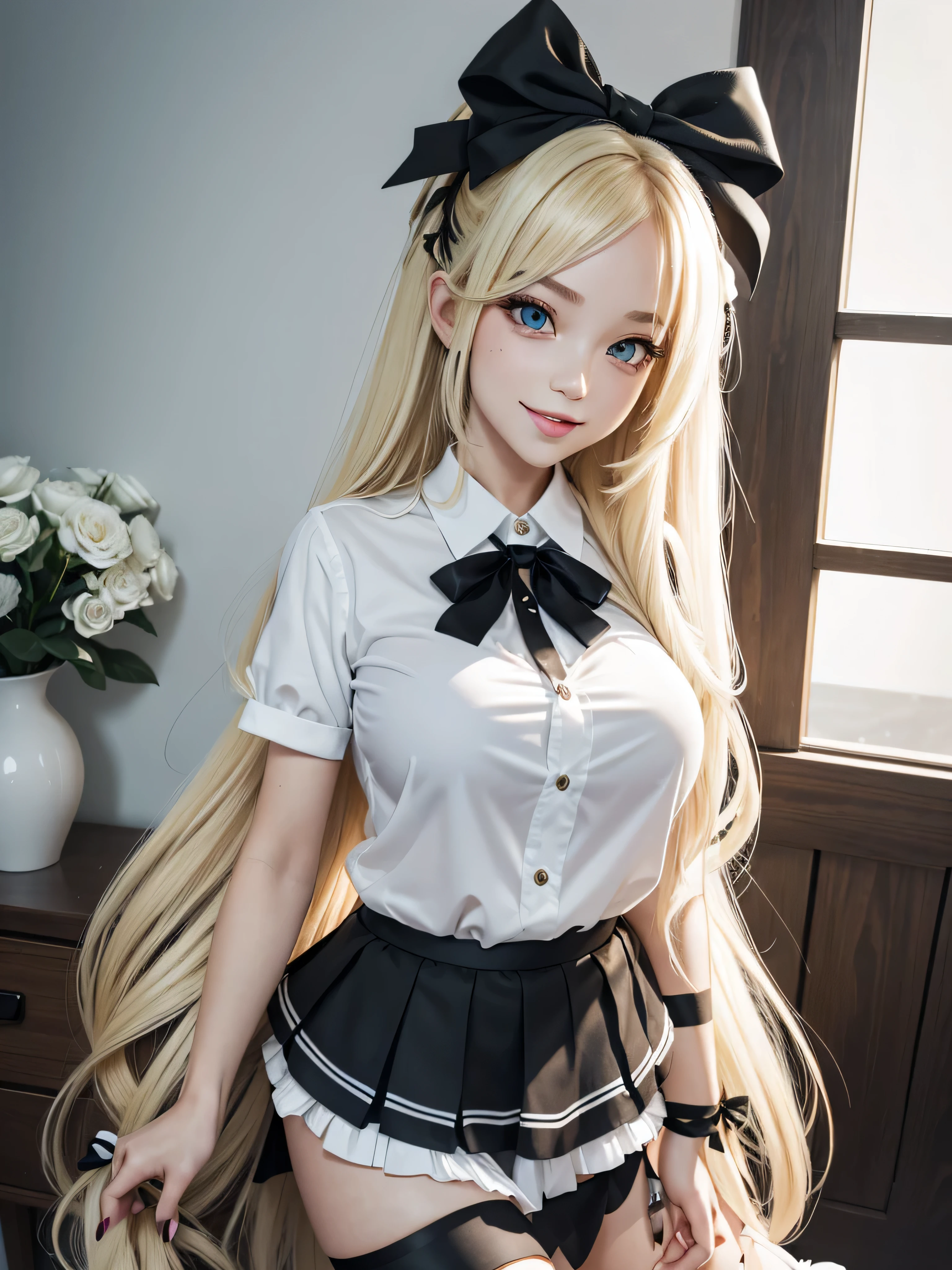 works, best quality, girl, long hair alternative, absurdly long hair, blonde hair, bow hair, aqua eyes, seductive smile, tongue, black eyes, longeyelashes, big breasts, mole on the chest, white shirt, short black skirt, shoes, pendant, hair ribbon, flower ribbon, hair_ribbon, hair_ribbon, hair_flower