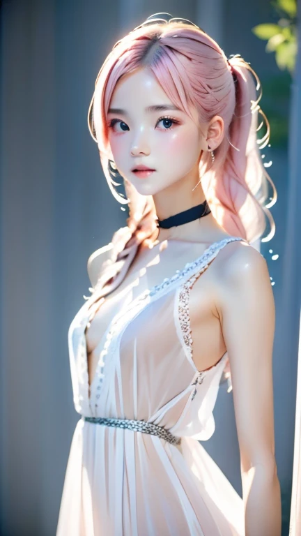 (((blurred background、Watercolor style background)))、one girl、yo talent、anatomy、pale pink eyes、Loosely braided low ponytail、light pink hair、small breasts、black dress open neck dress、sheer lace dress、See-through feeling、random pose、highest quality、High resolution、High resolution、cinematic lighting、professional photographer、Korean,Korean superstar beauty,Famous Korean dancer and singer,Beautiful nipples,Are thin,Sharp facial features,Beautiful nipples,