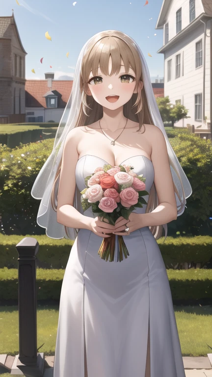 masterpiece, best quality, highres, aasister, long hair, wedding dress, white dress, necklace, strapless, cleavage, garden, standing, cowboy shot, holding bouquet, smile, open mouth, confetti,