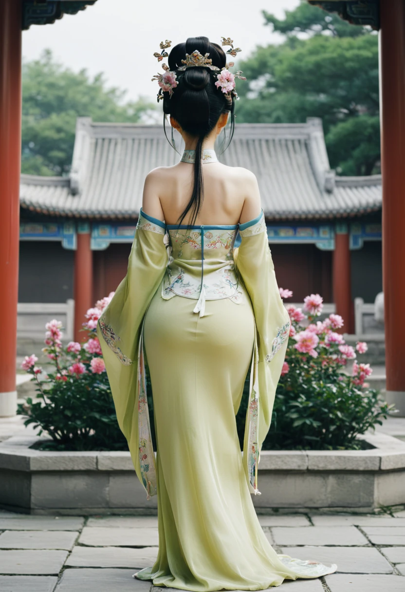 The image of a Qing Dynasty Empress with her bare buttocks visible. The background is the stone paving outside a Chinese palace during the Qing Dynasty. Only her large buttocks are sticking out. She is either wearing underwear or not. Her protruding buttocks are floating up in the air.
Her hair is decorated with a large flower ornament and a large crown.
The back of the hair is tied up and up. Erotic Woman