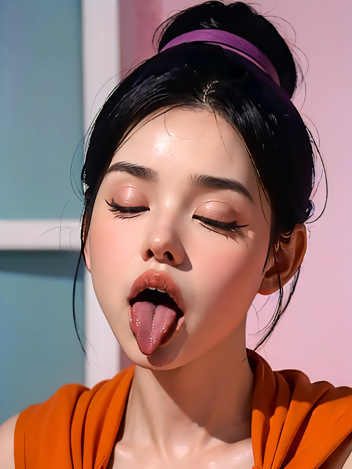 (masterpiece:1.2, best quality:1.2), (1girl), professional lightings, cinematic lightings, 8k wallpaper, ultra realistic portrait of chichi, dragonball, chichi_dbz, (ultra realistic mature older face, ultra detailed mature older face, realistic wrinkles on face and eyes, detailed wrinkles on face and eyes), ((purple china dress, orange scarf)), bangle, bracelet, bare foots, detailed face, detailed eyes, highres, detailed skin texture, ultra slim waist, perfect slim body style, black hair, (dango hair:1.25, parted long bangs:1.1), big eyes, double eyelids, ((ultra huge breasts, ultra huge tits, ultra huge boob, ultra huge cleavages)), (((ultra realistic exterior of orthodox system kitchen room, ultra detailed exterior of standard system kitchen, pink painted wall:1.1 refrigerator, visible aqua marine ocean via window, counter table, bar chair, cooking utensils, dishes in sink, kitchen countertop, cabinet)), (((Ultra-realistic pout kiss face, Ultra-detailed Pout kiss face, tongue out))), (nsfw:1.1), zoom up face, close up face, focus on face, ((looking at viewer)), (((closing eyes))),