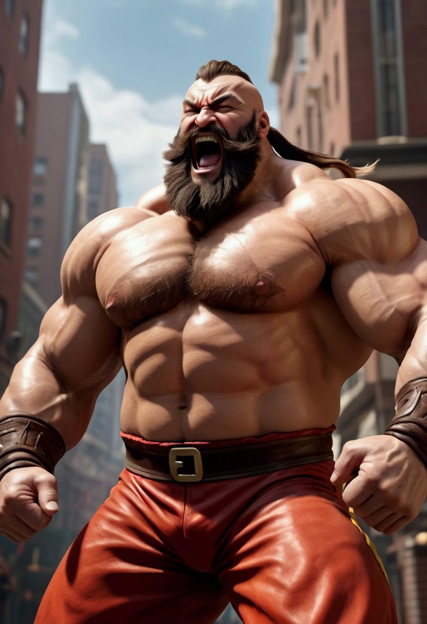 A muscular man with a wrestler's outfit, long hair, and a thick beard, Zangief from the Street Fighter video game series, performing his victory moves while laughing, viewed from a low angle, (best quality,4k,8k,highres,masterpiece:1.2),ultra-detailed,(realistic,photorealistic,photo-realistic:1.37),extremely detailed face and muscles,powerful pose,dynamic action,dramatic lighting,moody colors,cinematic composition