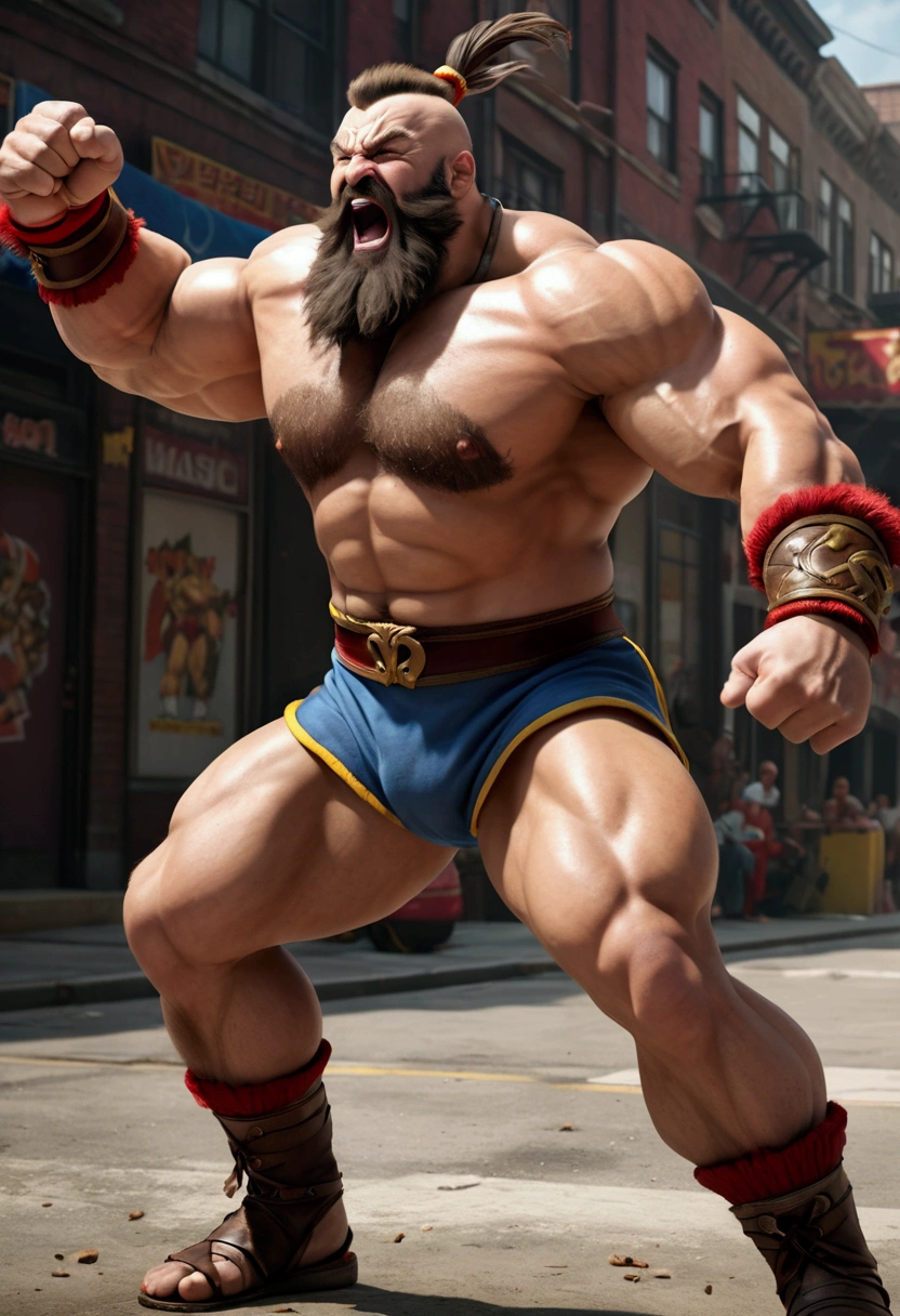 A muscular man with a wrestler's outfit, long hair, and a thick beard, Zangief from the Street Fighter video game series, performing his victory moves while laughing, viewed from a low angle, (best quality,4k,8k,highres,masterpiece:1.2),ultra-detailed,(realistic,photorealistic,photo-realistic:1.37),extremely detailed face and muscles,powerful pose,dynamic action,dramatic lighting,moody colors,cinematic composition