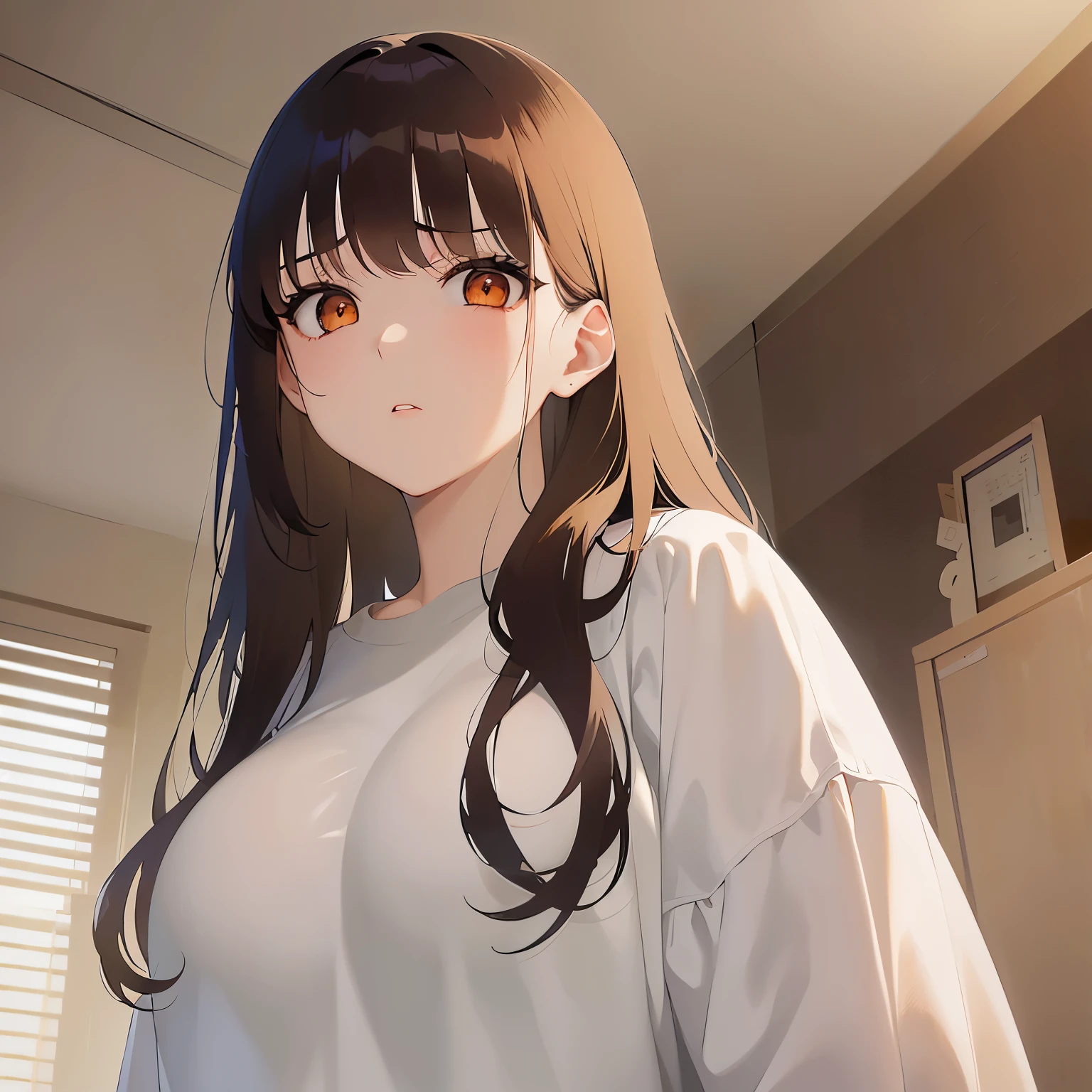 wearing an oversized men's shirt. The shirt is too large for her, giving a baggy and loose appearance. upper body, (pale skin: 1.2), shiny skin, shiny hair、(A 25-year-old woman with medium-length hair and bangs) and (wavy hair) and (brown hair) and (orange eyes) , Serious expression, living、Alone、
