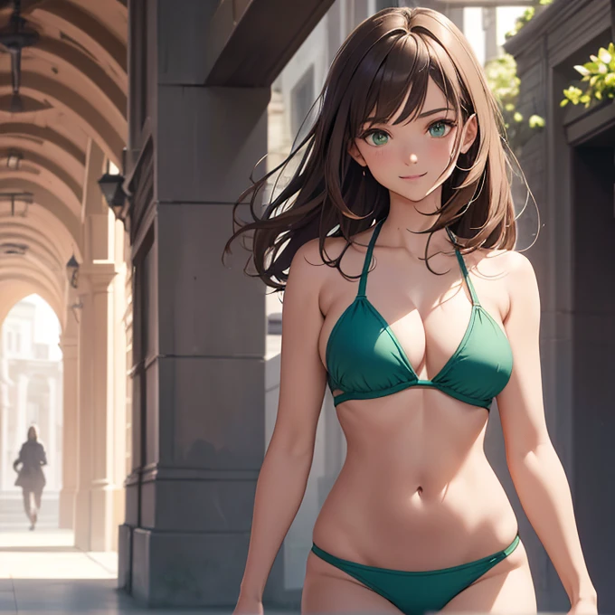 (absurdres, best high quality image, carefuly detailed features and textures, very detailed image, solo character alone, full character body and design): {{(1character: 20 years old human mage girl), (beautiful features, fair skin, medium straight light brown hair, green eyes, medium breasts, nice body), (light-blue bikini), (calm happy smile, relaxed expression), (walking through plaza)}}