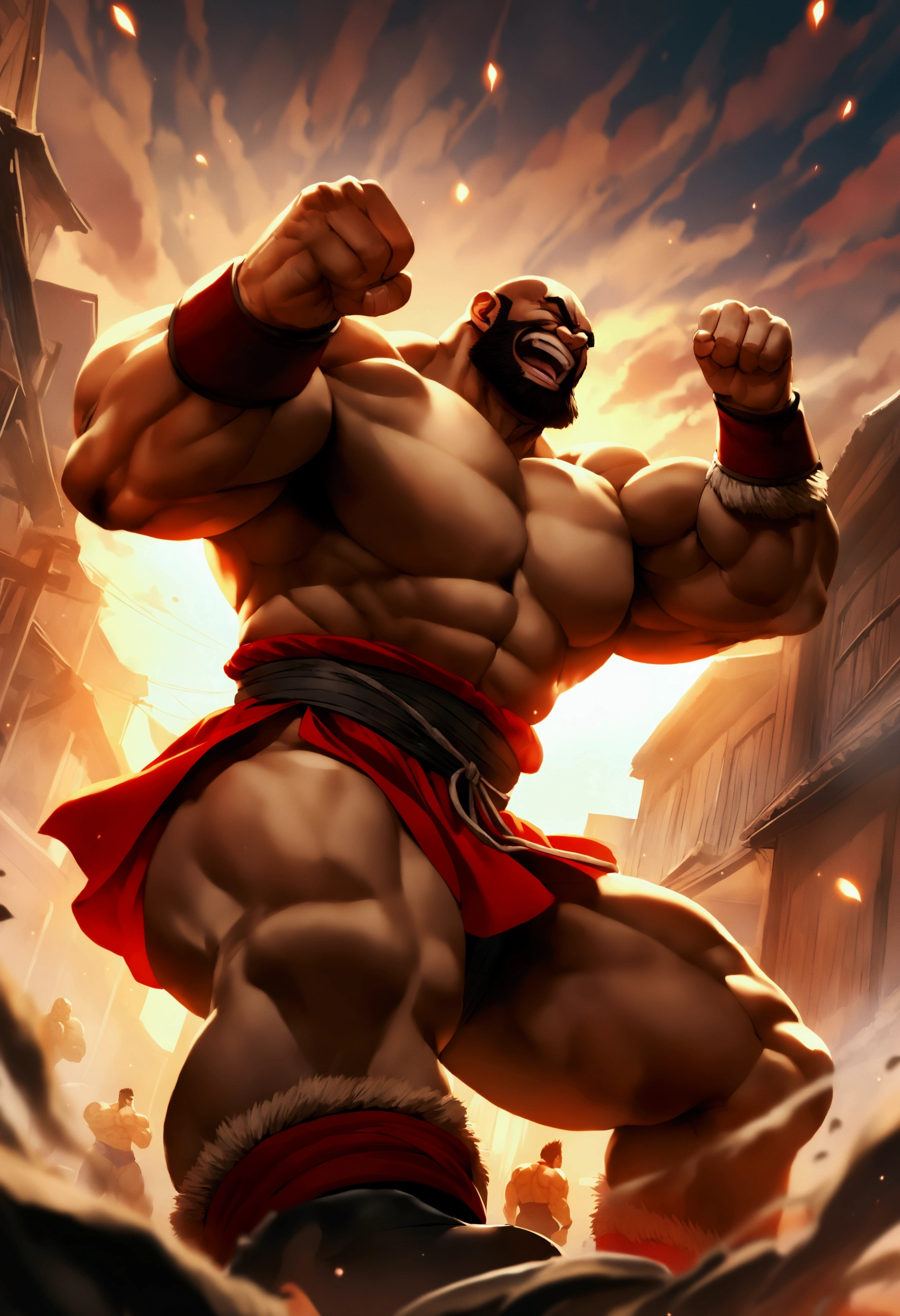 Street fighter 2 Zangief, doing his victory moves while laughing, viewed from a low angle
