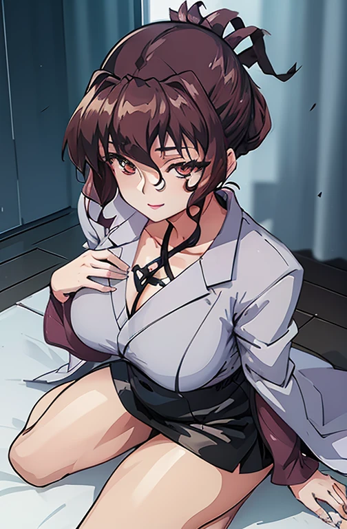 (Masterpiece, Best quality:1.4), High definition, Aiko Katsuragi, Adult woman, (Full body:1.05) MILF, Curves, 1 girl, Anime face, Sitting on a chair, wear a doctor's robe, lingerie in the robes, Mini skirt, (Thigh jump:1.05), Makeup, Big breasts, Lipstick, Brown eyes, Ponytail, Brown hair, Collar, Perfect body, (Athletic body:1.1), Perfect eyes, Anime eyes, Smokey eyeliner, Eyelids, Perfect face, Smiling, Sharp focus, Medical room, Professional illustration, Intricate details, Vivid colors, Fuzzy lighting, Digital compositing, Ultra-detailed body, Ultra-detailed hair, Ultra-detailed face, Trends on Pixiv,