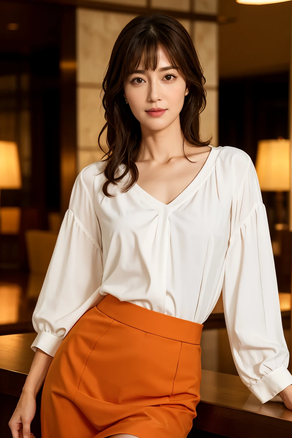 Highest quality, masterpiece, High resolution, Photorealistic, RAW Photos, 8k wallpaper, perfection, Professional Lighting, Very detailed, Written boundary depth, Look forward, Hotel Lounge, One beautiful woman, 40 years old, sexy, Detailed face, Beautiful Eyes, bangs, Shapely large breasts, Straight hair, Faint lips, View your viewers, Serious face eyes, White V-neck shirt, Orange skirt, Cowboy Shot