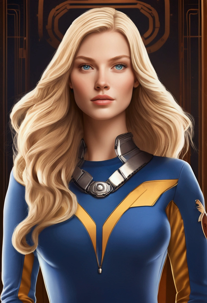 Anastasia had long, blonde hair, deep blue eyes that reflected his intelligence and determination. She had fair skin, voluptuous body and an upright posture that conveyed confidence. Anastasia always wore a necklace with a pendant that belonged to her mother., a symbol of their commitment to the fight against tyranny. He wore a modern space suit, glued to the body which brought greater mobility, with accessories on your waist.  fully body