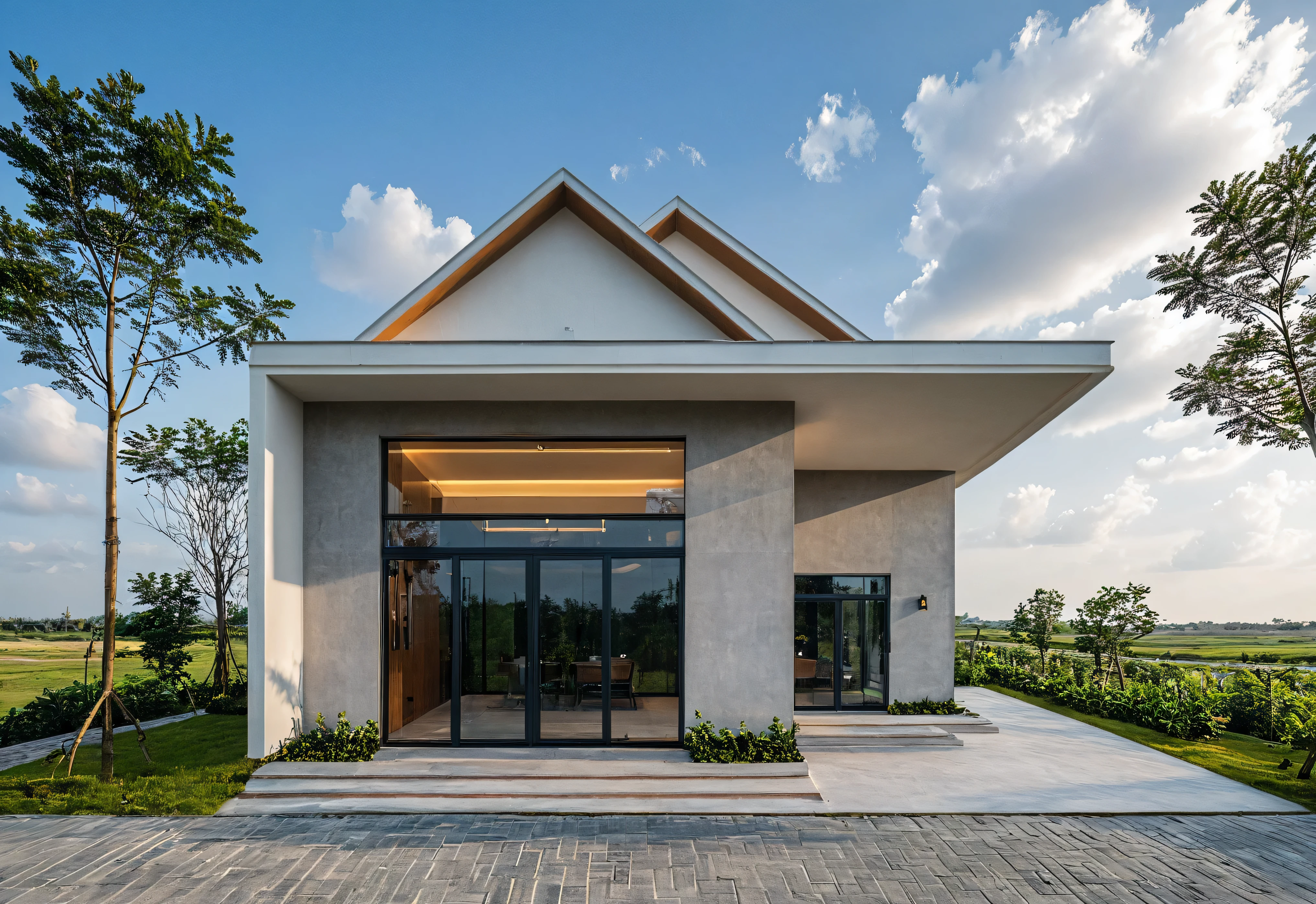 Masterpiece, high quality, best quality, authentic, super detail, outdoors, onestoreyvillaXL, aiaigroup, house style classical on the street ,stairs, white wall ,road,pavement, grass, trees, sky, cloud, (daylight:1.1)