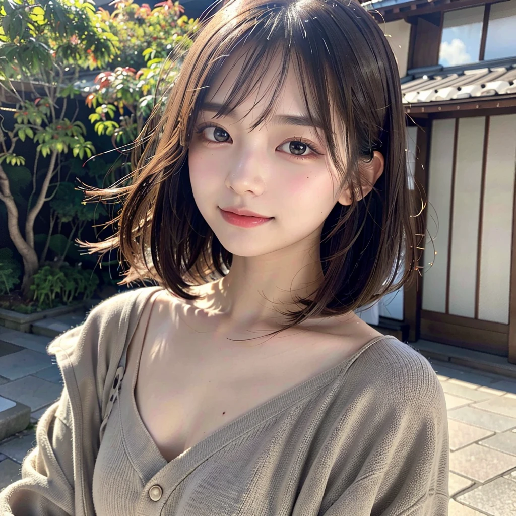 a beautiful 18-year-old girl,beautiful detailed eyes,beautiful detailed lips,extremely detailed eyes and face,longeyelashes,standing in a scenic alley of Kyoto,Japan,natural makeup look,flowing brown hair dancing in the wind,warm smile,ultra-realistic skin,detailed pores,uniform healthy tone,watery eyes gazing upward,look of anticipation,best quality,4k,8k,highres,masterpiece:1.2,ultra-detailed,realistic,photorealistic,photo-realistic:1.37,HDR,UHD,studio lighting,ultra-fine painting,sharp focus,physically-based rendering,extreme detail description,professional,vivid colors,bokeh,portraits,photography,warm lighting