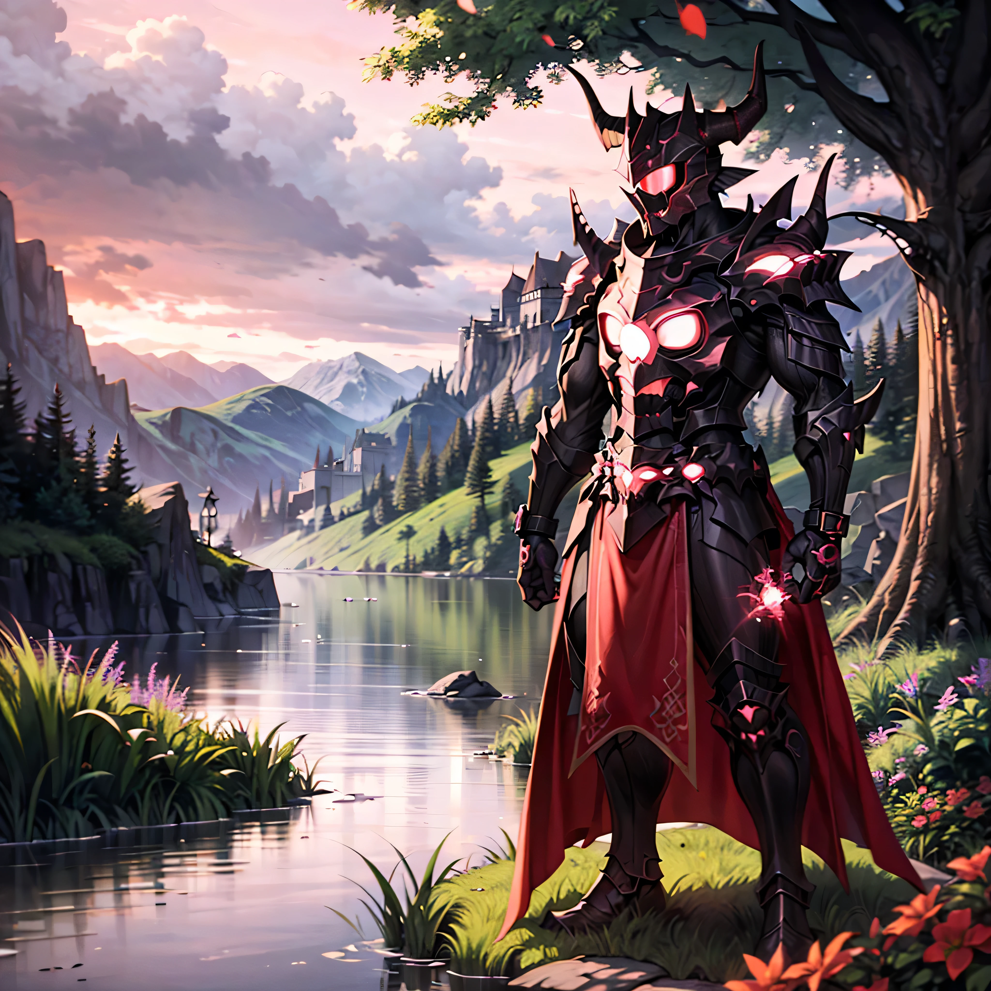 monster, black armor, helmet with horns, red glowing, blue sky, bracelet, bush, coral, day, fish, forest, grass, jewelry, lake, mountain, nature, outdoors, overgrown, palm tree, plant, river, rock, scenery, sky, solo, tree, vines, watch, water, waterfall,
