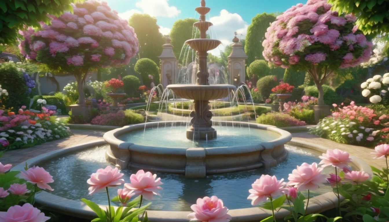 A stunning 3D scene,In a beautiful garden,The garden is surrounded by beautiful flowers,There is a fountain in the center of the garden,The fountain sprays water with musical elements,Water stays in the air,Dreamy feeling,High Definition,4K,high quality。Rich details