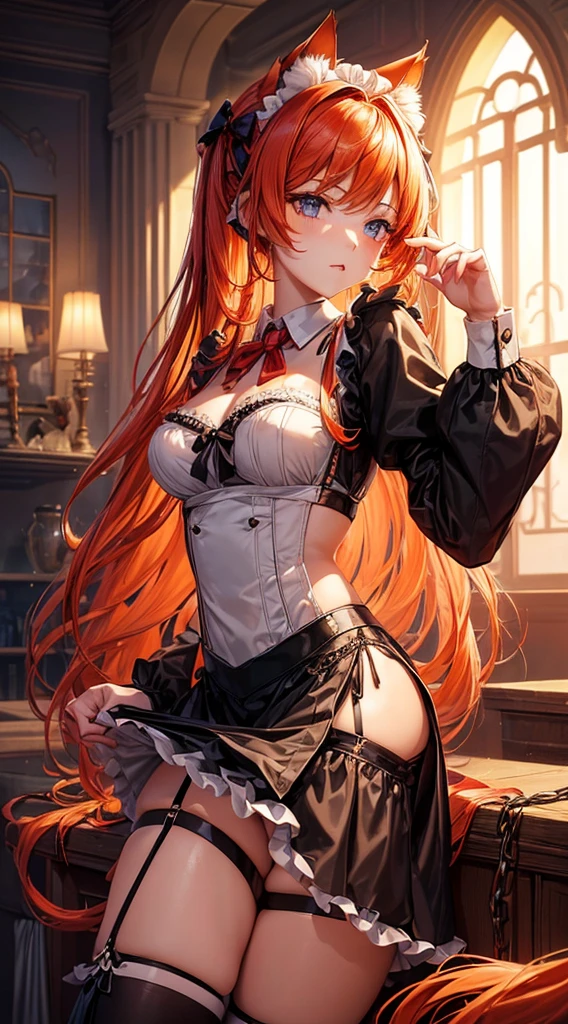 Masterpiece, anime realistic, Top quality, hyper HD, Highest high resolution, Very detailed, Professional lighting, kabedon pov, looking back over shoulder at viewer, Smug, Glowing eyes, One girl, She is a female ghost, Devilish girl, She has light red hair, Gothic devils, Very cute, Sit, Ass focus, Thick buttocks and bubble butt, submissive, Hue back, Long hair, Hairpin, Corset top, Gothic lingerie, Hourglass figure, Sweat, Yellow eyes, Beautiful eyes, Apply mascara, Seductive blush,