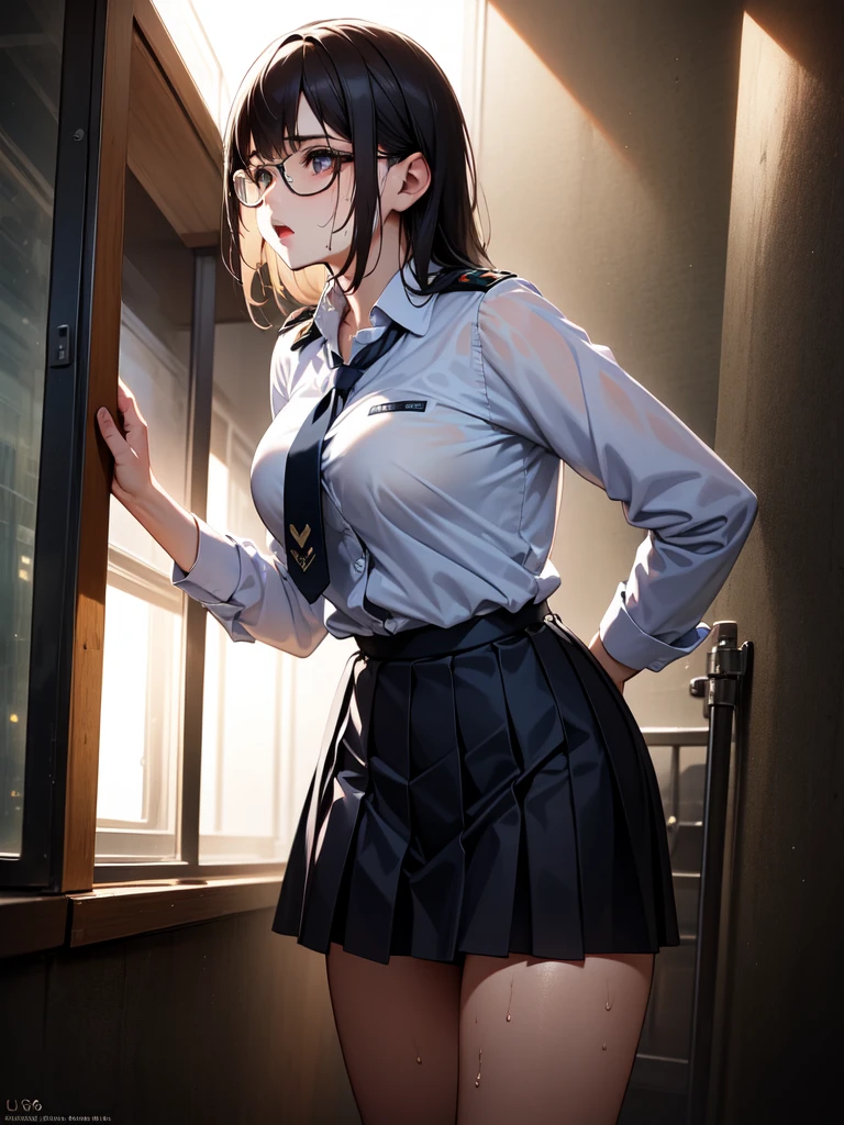 a woman in uniform, wet panties, crying, necktie, long sleeve shirt, fitted skirt, glasses, (best quality,4k,8k,highres,masterpiece:1.2),ultra-detailed,(realistic,photorealistic,photo-realistic:1.37),HDR,UHD,studio lighting,ultra-fine painting,sharp focus,physically-based rendering,extreme detail description,professional,vivid colors,bokeh,horror,dark,dramatic lighting