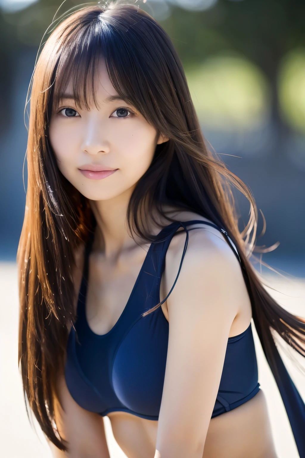 masterpiece, highest quality, High resolution, 16k, 8K, (((1girl,solo,))) prospect: skinny Japanese woman, 32 years old, long hair blown by the wind, plays around with the camera with a faint smile, (In the Dark), Perfect Eyes, detailed eyes, detailed face, Accurate body anatomy, Irritated skin, Very detailed, Advanced Details, looking at the camera, Bold swimsuit figure, Thighs, 