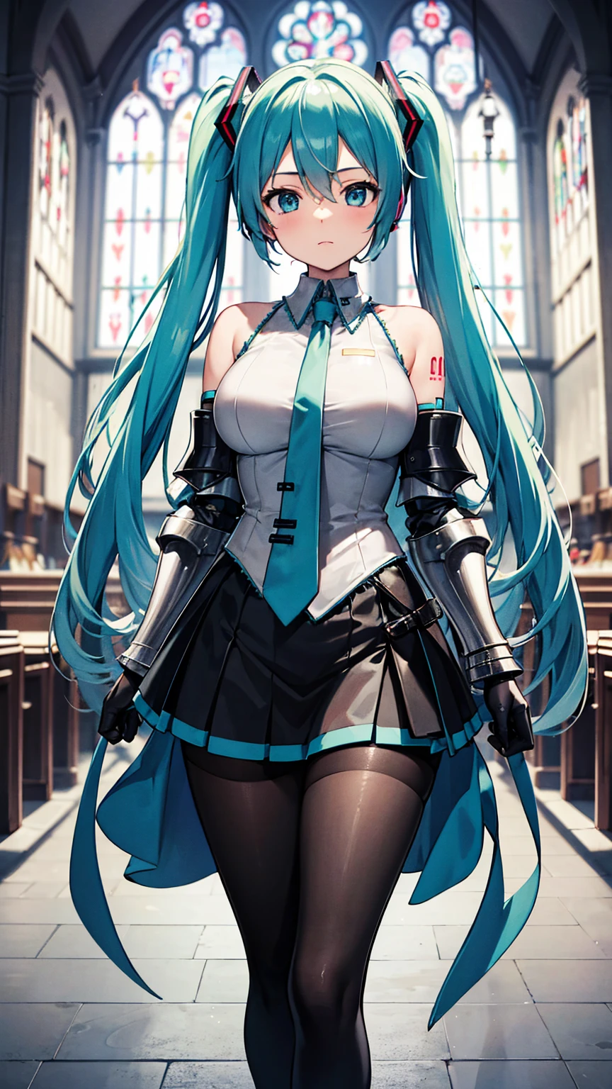Masterpiece, Top Quality, 8K Hatsune Miku VOCALOID, 1Woman, Big Breasts, Equipped with a Cloak, ((Dragon Armor)), {{Full Armor}}, ((Knight Armor)), Black Tights, Church