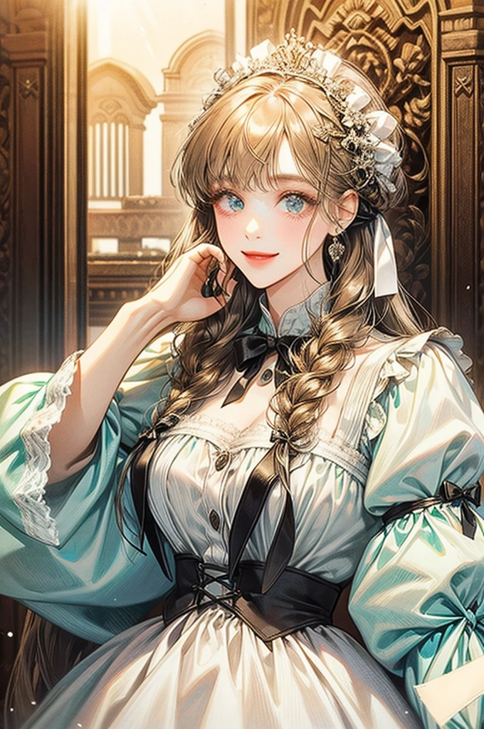 Girl with a big ribbon on her head、Background is white、smile、Her hair color is brown.、Illustrated、Country Style、Checked dress、countryside