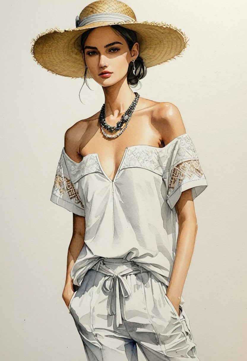 candid fashion illustration of young 2man and woman, both aged 23 year old, tall and slender, super model, ((showcase fashion in a White cotton outfits)), clothes inspired by Christian Dior's resort collection 2024 in elegant bohemian style with ethnic woven details. The man wears an oversized short-sleeved shirt with lace details, paired with relaxed-fit Pants, semi bugle, He completes his look with sneakers, round sunglasses, hat, The woman complements him in a white strapless cotton dress with lace embroidery details in white on the top edge and features side entry pockets, Her ensemble includes an accessorizes with a wide-brimmed straw hat, white sneakers and big necklace. Captured in a ((full-body pose)), ((simple water-color on white paper background)), realistic pencil lines, imperfect drawing, charcoal lines detail, fading sketch, fashion Sketching, Dutch angle,