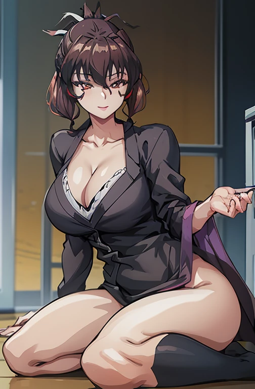 (Masterpiece, Best quality:1.4), High definition, Aiko Katsuragi, Adult woman, (Full body:1.05) MILF, Curves, 1 girl, Anime face, Sitting on a chair, wear a doctor's robe, lingerie in the robes, Mini skirt, (Thigh jump:1.05), Makeup, Big breasts, Lipstick, Brown eyes, Ponytail, Brown hair, Collar, Perfect body, (Athletic body:1.1), Perfect eyes, Anime eyes, Smokey eyeliner, Eyelids, Perfect face, Smiling, Sharp focus, Medical room, Professional illustration, Intricate details, Vivid colors, Fuzzy lighting, Digital compositing, Ultra-detailed body, Ultra-detailed hair, Ultra-detailed face, Trends on Pixiv,