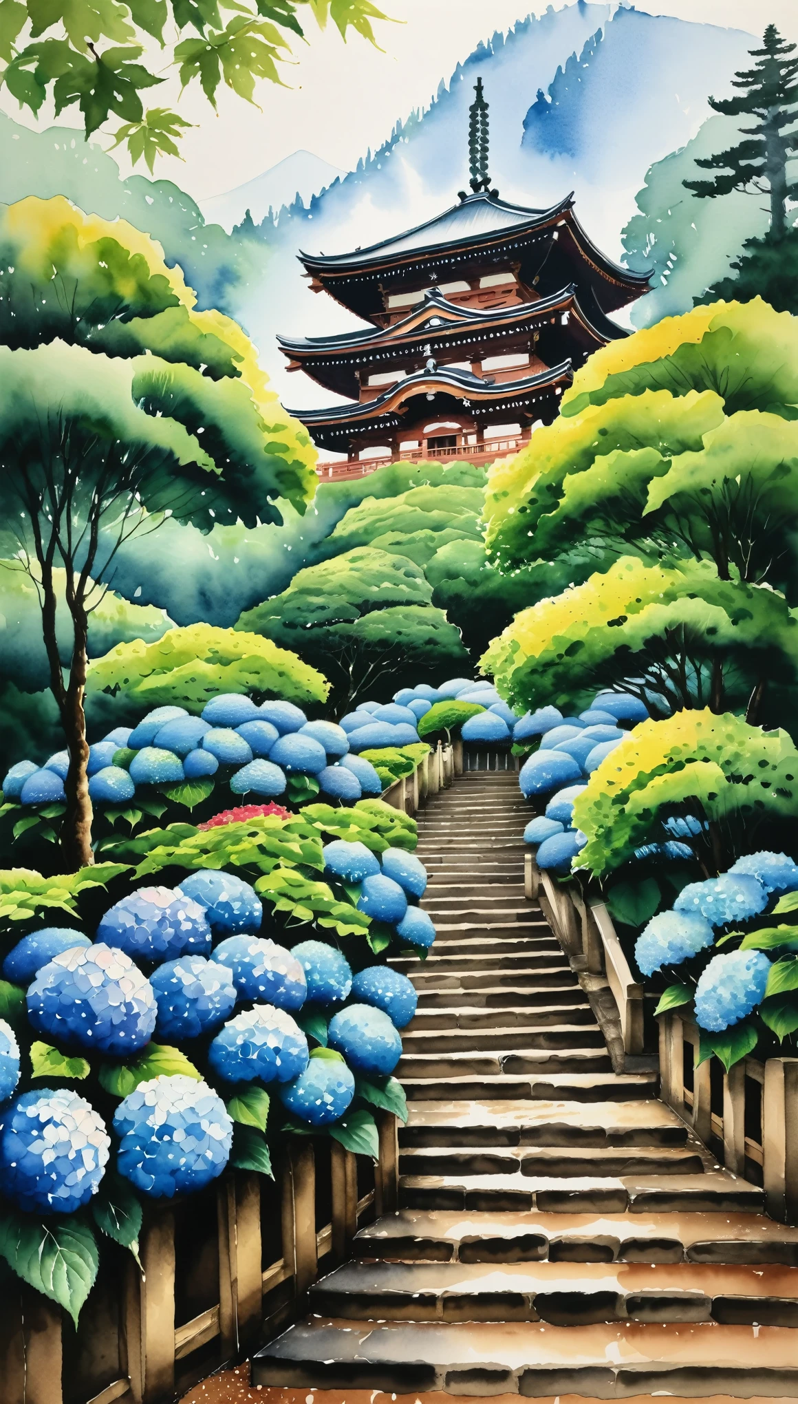 masterpiece,Watercolor painting of the Hydrangea Temple in Kamakura,Rainy season,it's raining,(Watercolor splashes、Oozing、Blurry、Blotting、Beautiful expression using the Casserole technique)