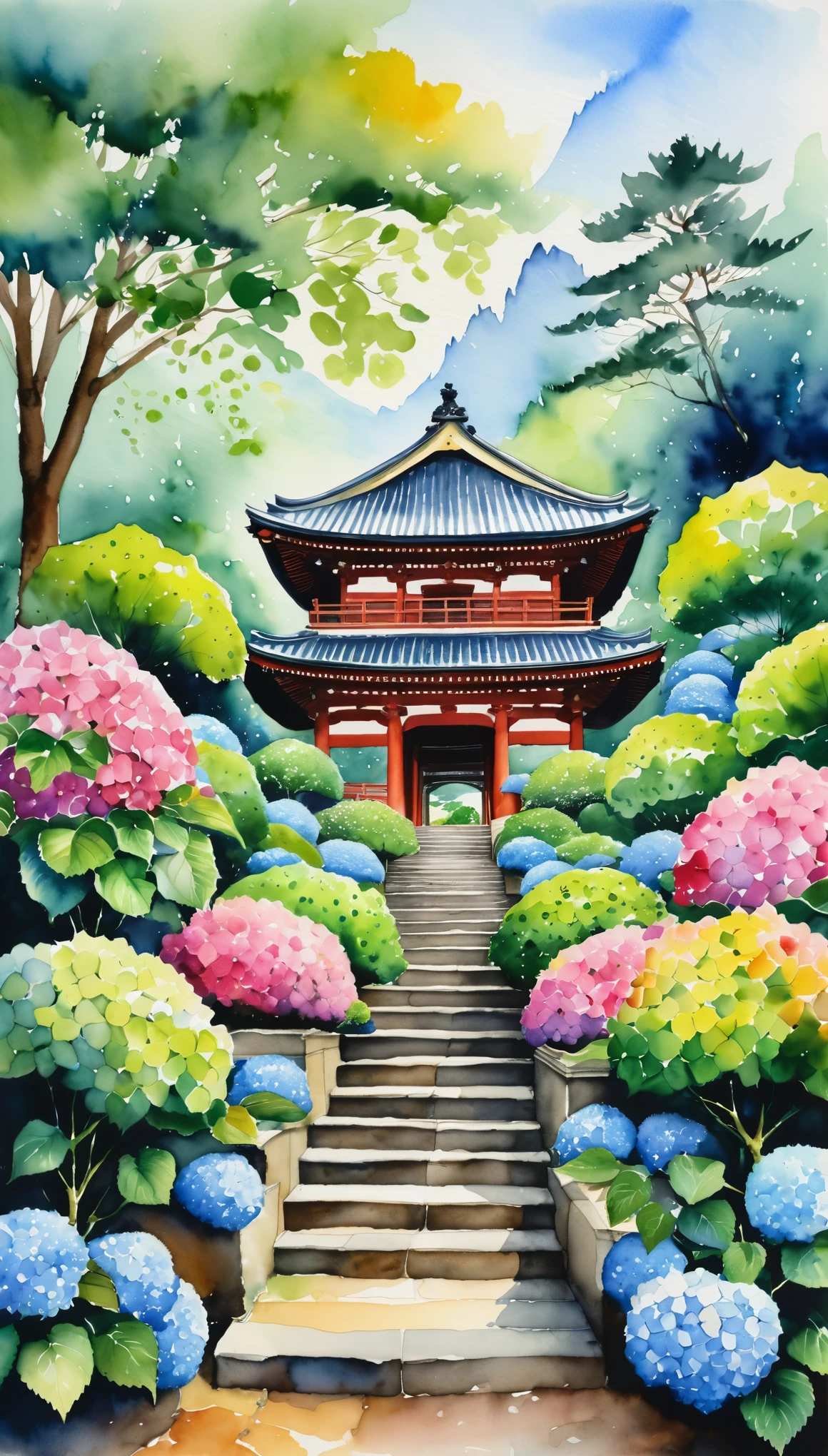 masterpiece,Watercolor painting of the Hydrangea Temple in Kamakura,(Watercolor splashes、Oozing、Blurry、Blotting、Beautiful expression using the Casserole technique)