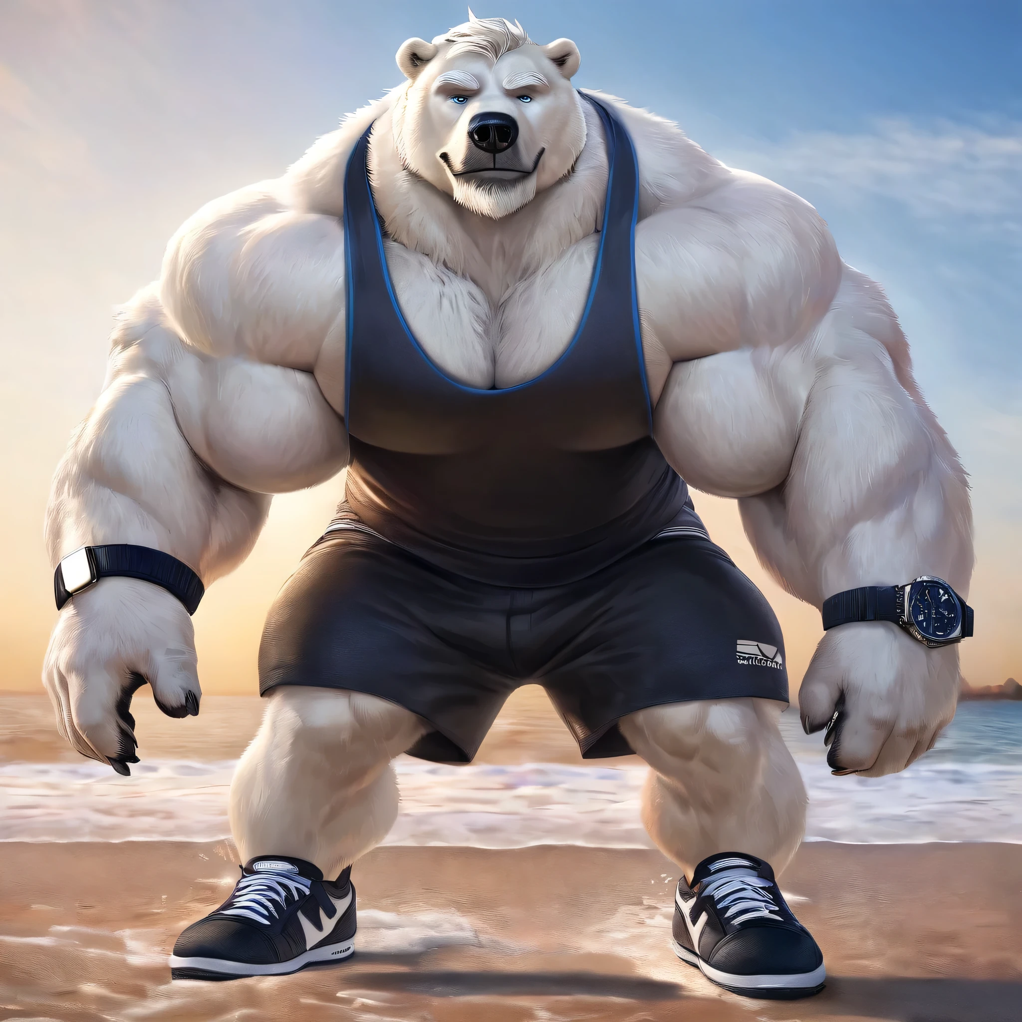 huge muscular polar bear in L.A. beach, big smirk, polar bear, huge white fur, thick arm, huge arm, white mustache, bearded white. white hair and beard, bearded, (muscular, pectoral, wide pectoral, thick arms), realistic, 8k, masterpiece, detailed grey eyebrows, detailed eyes with blue pupils, (wearing black shorts, wristband, watch, blue tank top and white shoes), vibrating and bouncing his pecs like a drum